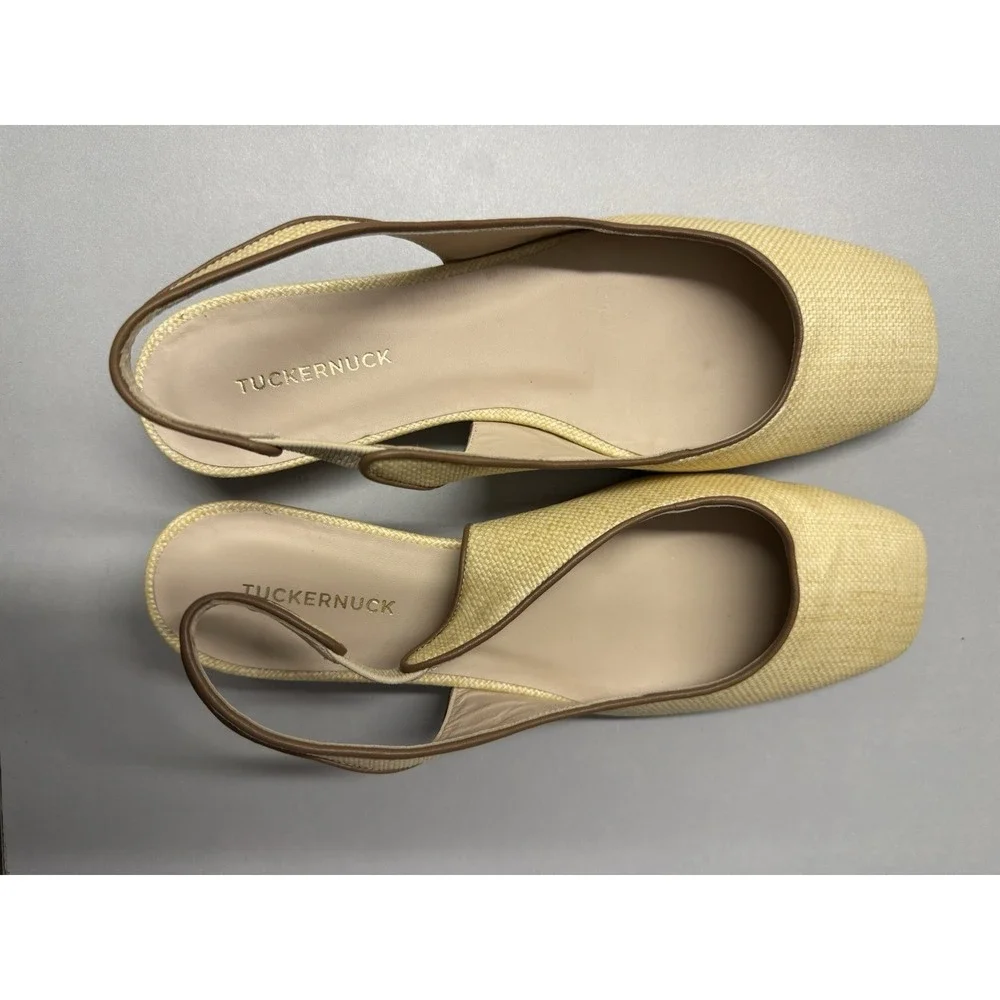 Tuckernuck Liv raffia slingback flats with brown contrast trim. Sz 9B